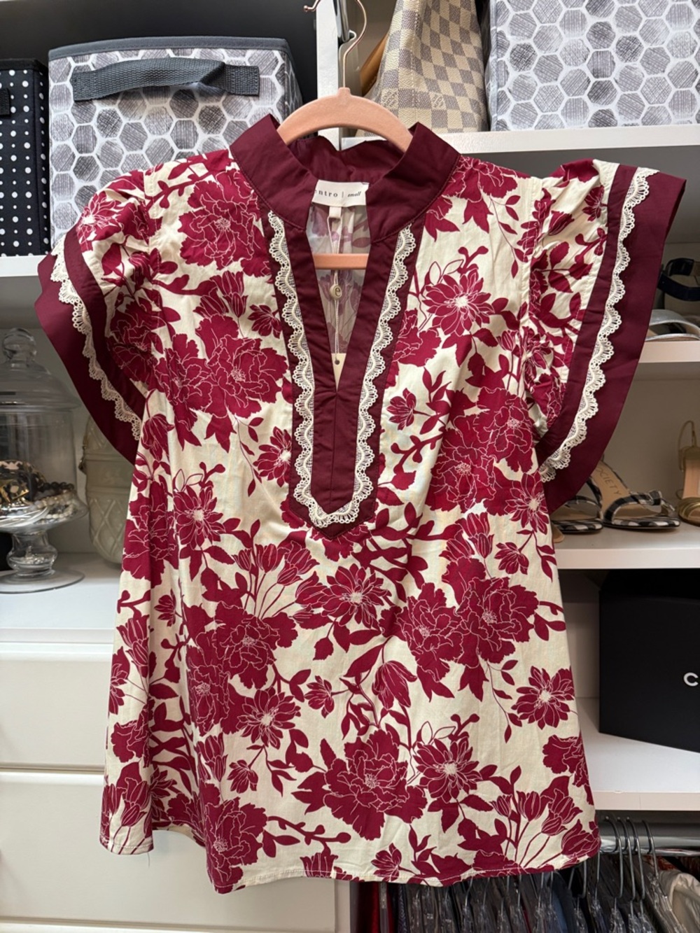 Womens Floral Burgundy and Cream shirt with Lace Trim